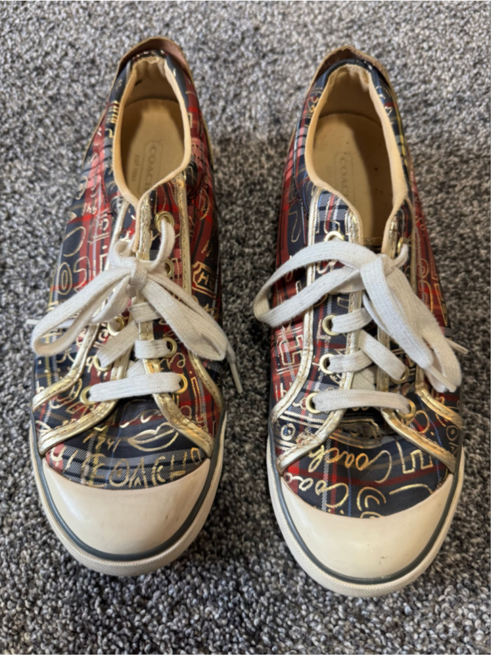 Women’s Coach Barrett Tartan Plaid & Graffiti Gold Metallic Sneakers Sz 8.5